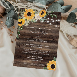 Rustic Sunflower String Lights Wood Wedding Kaart