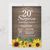 Rustic Sunflower Surprise 20th Birthday Invitation Kaart (Voorkant)