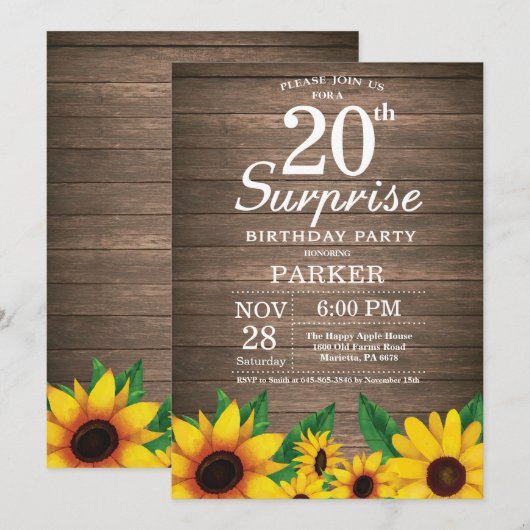 Rustic Sunflower Surprise 20th Birthday Invitation Kaart (Voorkant / Achterkant)