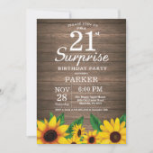 Rustic Sunflower Surprise 21st Birthday Invitation Kaart (Voorkant)