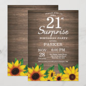 Rustic Sunflower Surprise 21st Birthday Invitation Kaart (Voorkant / Achterkant)