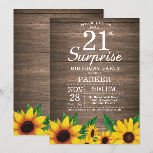 Rustic Sunflower Surprise 21st Birthday Invitation Kaart (Voorkant / Achterkant)