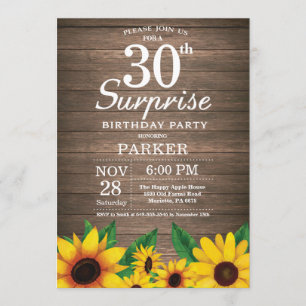 Rustic Sunflower Surprise 30th Birthday Invitation Kaart