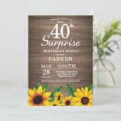 Rustic Sunflower Surprise 40th Birthday Invitation Kaart (Staand voorkant)