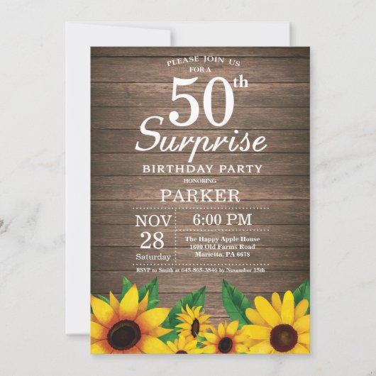Rustic Sunflower Surprise 50th Birthday Invitation Kaart (Voorkant)