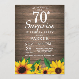 Rustic Sunflower Surprise 70th Birthday Invitation Kaart