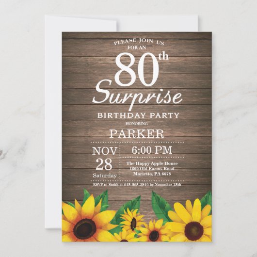 Rustic Sunflower Surprise 80th Birthday Invitation Kaart (Voorkant)
