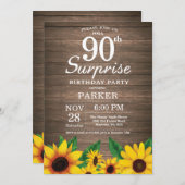 Rustic Sunflower Surprise 90th Birthday Invitation Kaart (Voorkant / Achterkant)