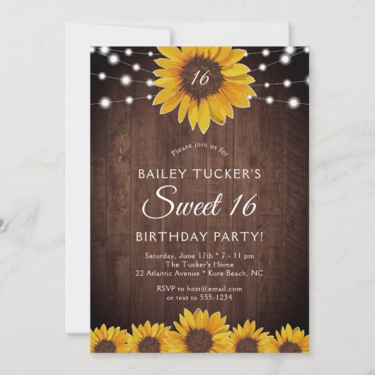 Rustic Sunflower Sweet 16 Birthday String Lights I Kaart (Voorkant)