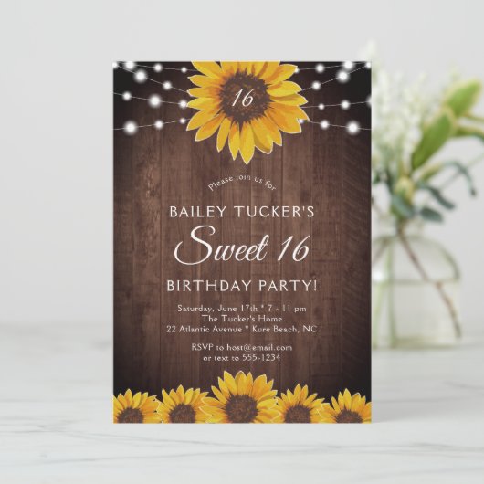 Rustic Sunflower Sweet 16 Birthday String Lights I Kaart (Staand voorkant)