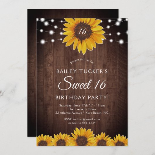 Rustic Sunflower Sweet 16 Birthday String Lights I Kaart (Voorkant / Achterkant)