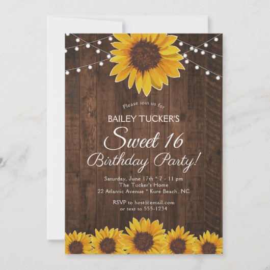 Rustic Sunflower Sweet 16 Birthday String Lights Kaart (Voorkant)