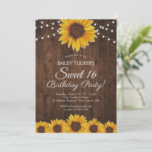 Rustic Sunflower Sweet 16 Birthday String Lights Kaart (Staand voorkant)