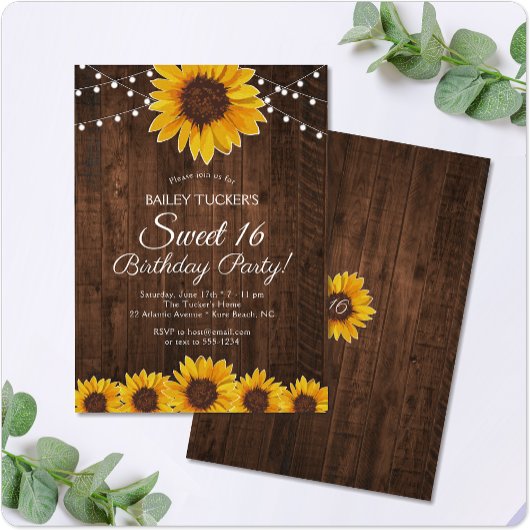 Rustic Sunflower Sweet 16 Birthday String Lights Kaart