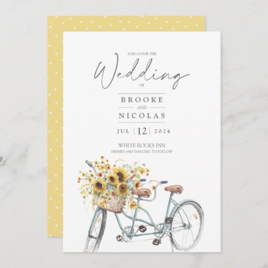 Rustic Sunflower Tandem Bicycle Waterverf Wedding Kaart (Voorkant / Achterkant)