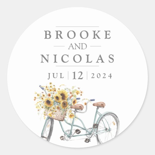 Rustic Sunflower Tandem Bicycle Waterverf Wedding Ronde Sticker (Voorkant)