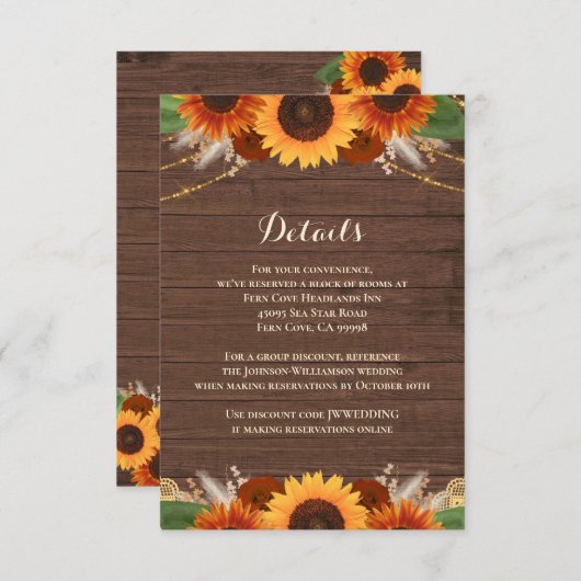 Rustic Sunflower Terracotta Roos Wedding Details Informatiekaartje (Voorkant / Achterkant)