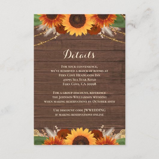 Rustic Sunflower Terracotta Roos Wedding Details Informatiekaartje (Voorkant)