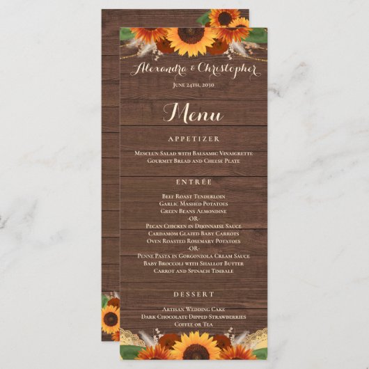 Rustic Sunflower Terracotta Rozen Boho Wedding Menu (Voorkant / Achterkant)