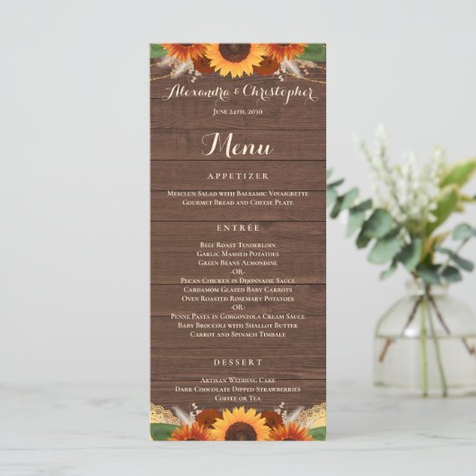 Rustic Sunflower Terracotta Rozen Boho Wedding Menu (Staand voorkant)