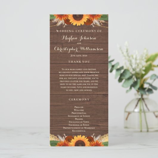 Rustic Sunflower Terracotta Rozen Boho Wedding Programmakaart (Staand voorkant)