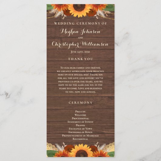 Rustic Sunflower Terracotta Rozen Boho Wedding Programmakaart (Voorkant)