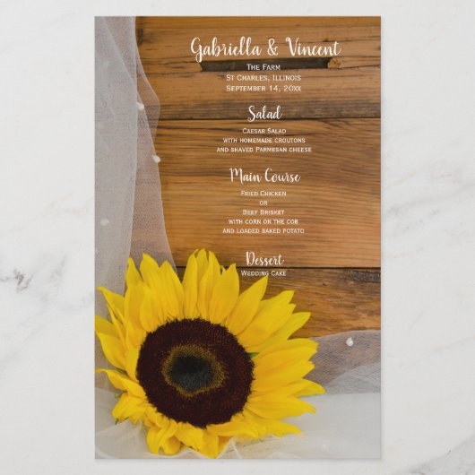 Rustic Sunflower Veil Country Barn Wedding Menu (Voorkant)