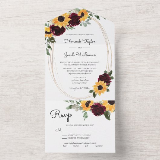 Rustic Sunflower Weddenschap met RSVP All In One Uitnodiging (Binnen)