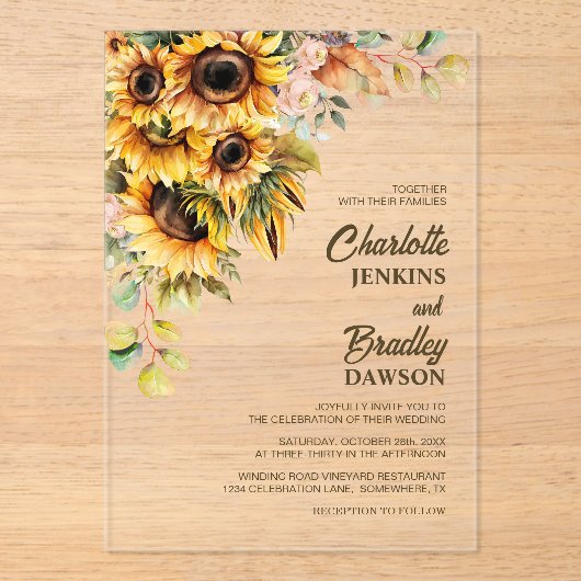 Rustic Sunflower Wedding Acryl Uitnodigingen (Voorkant)