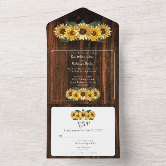 Rustic Sunflower Wedding All In One Uitnodiging (Binnen)