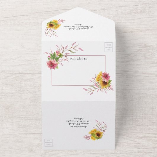 Rustic Sunflower Wedding All In One Uitnodiging (Buitenkant)