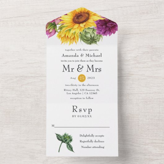 Rustic Sunflower Wedding All In One Uitnodiging (Binnen)