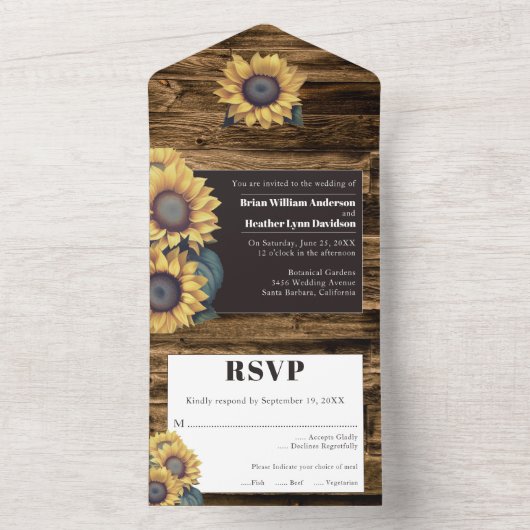 Rustic Sunflower Wedding All In One Uitnodiging (Binnen)