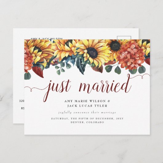 Rustic Sunflower Wedding Announding Briefkaart (Voorkant / Achterkant)