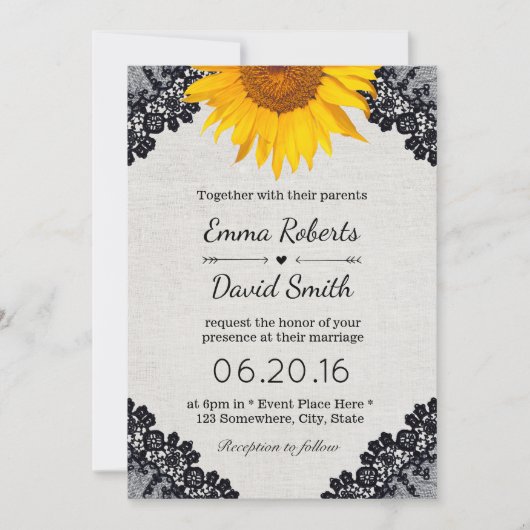 Rustic Sunflower Wedding Black Laced Elegant Linen Kaart (Voorkant)