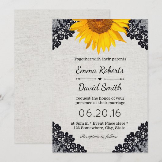Rustic Sunflower Wedding Black Laced Elegant Linen Kaart (Voorkant / Achterkant)