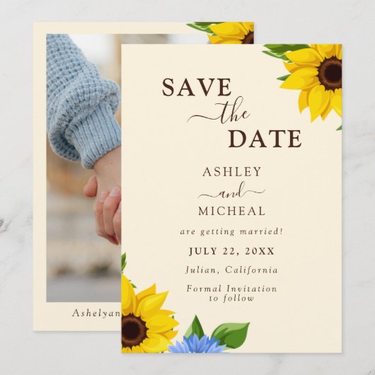 Rustic Sunflower Wedding Flat Save The Date Card (Voorkant / Achterkant)