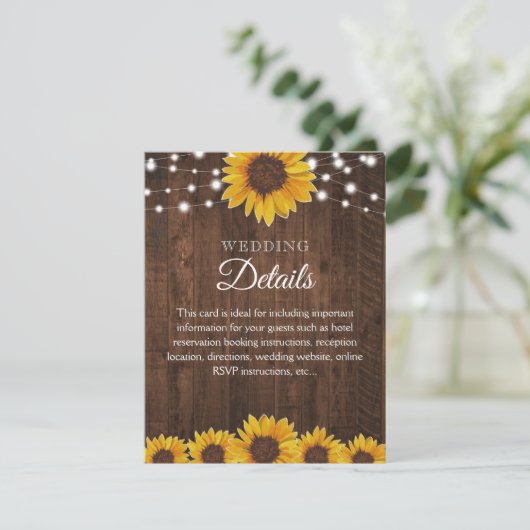 Rustic Sunflower Wedding Gastgegevens Info Kaart (Staand voorkant)