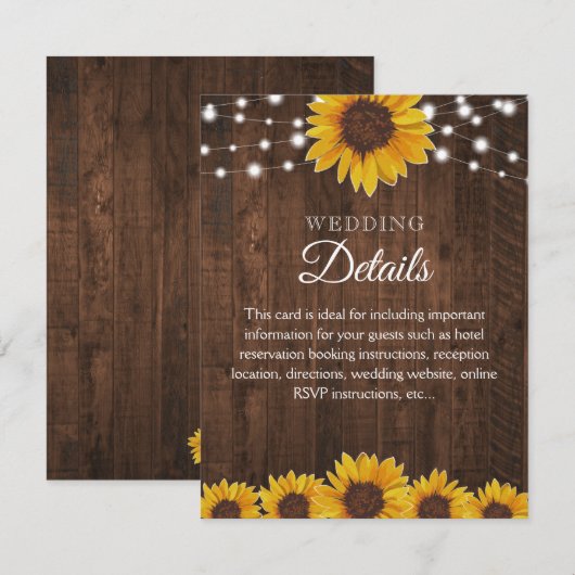 Rustic Sunflower Wedding Gastgegevens Info Kaart (Voorkant / Achterkant)