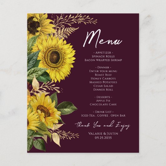 Rustic Sunflower Wedding Menu (Voorkant)