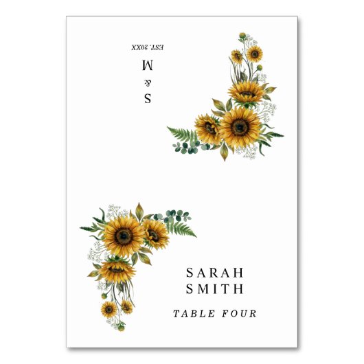 Rustic Sunflower Wedding Place Cards Kaart (Voorkant)