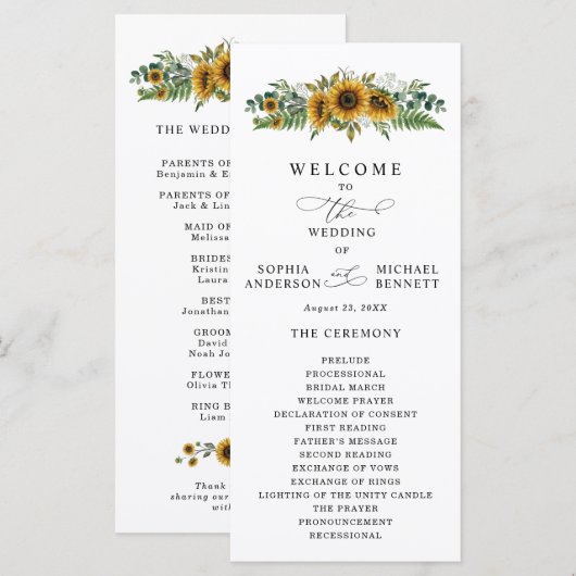 Rustic Sunflower Wedding Program Programmakaart (Voorkant / Achterkant)