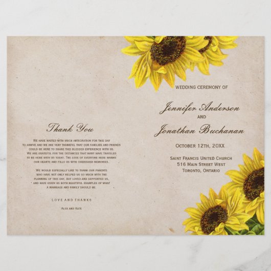 Rustic Sunflower Wedding Programs (Voorkant)