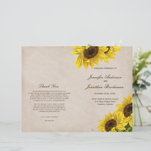 Rustic Sunflower Wedding Programs (Staand voorkant)