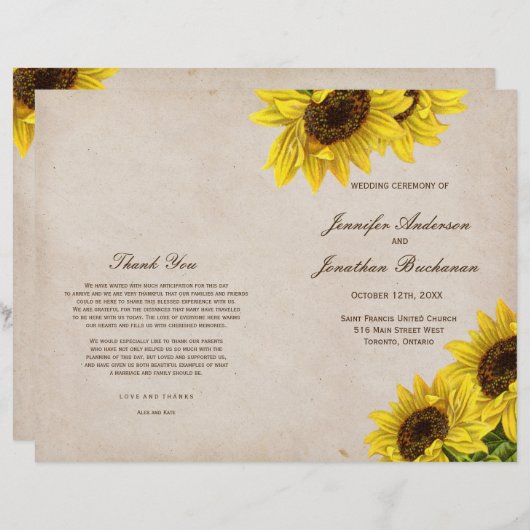 Rustic Sunflower Wedding Programs (Voorkant / Achterkant)