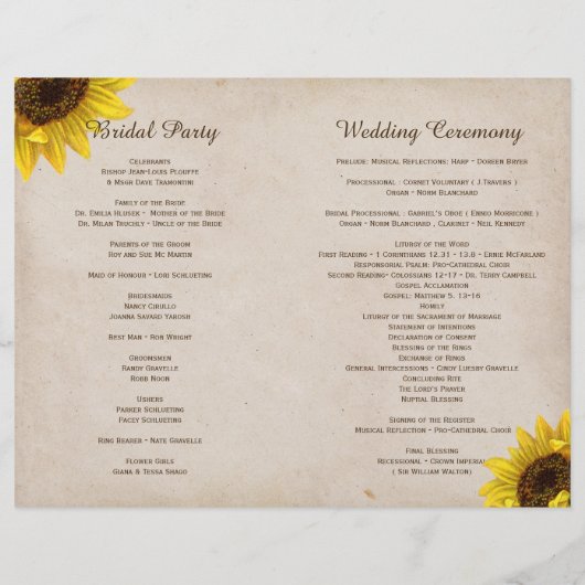 Rustic Sunflower Wedding Programs (Achterkant)