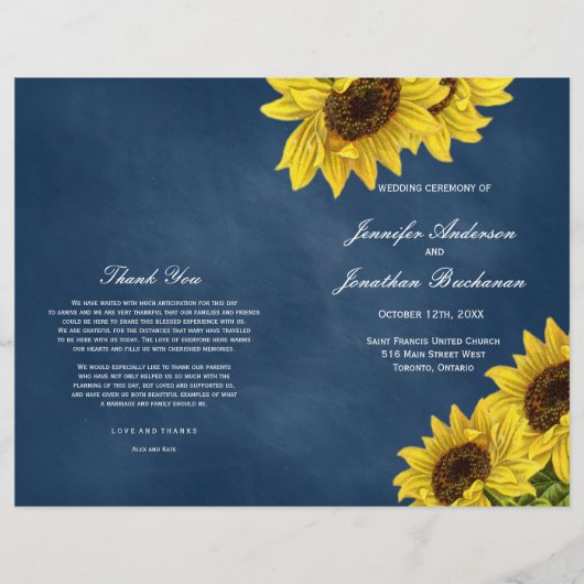 Rustic Sunflower Wedding Programs on Navy Blue (Voorkant)