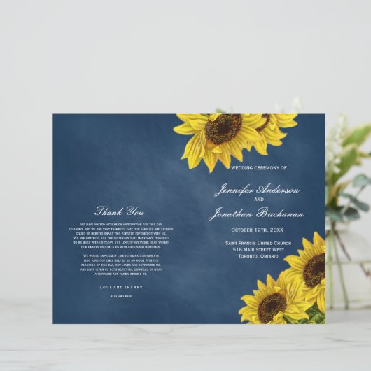 Rustic Sunflower Wedding Programs on Navy Blue (Staand voorkant)