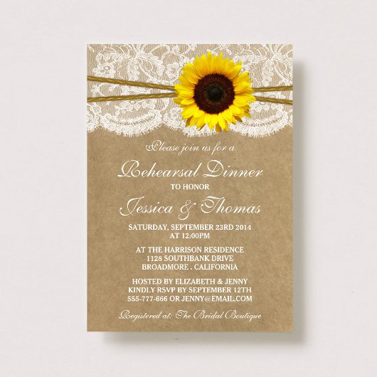 Rustic Sunflower Wedding Rehearsal Dinner Kaart