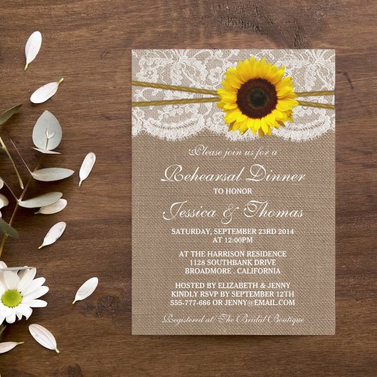 Rustic Sunflower Wedding Rehearsal Dinner Kaart